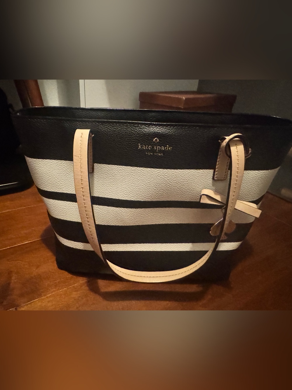 kate spade Hawthorne Lane Black and White Striped Tote with Beige Handles